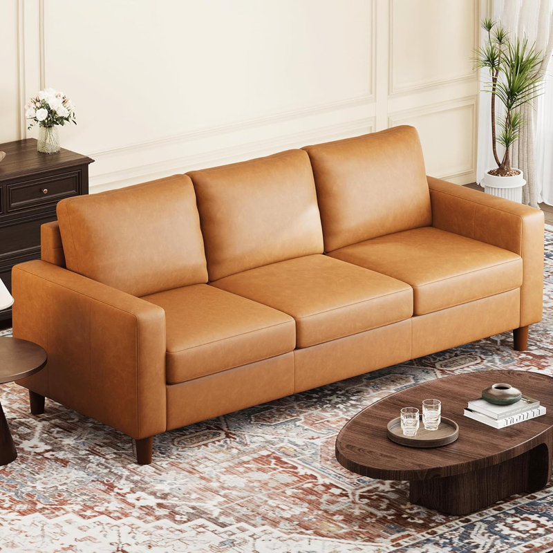 Canapé 83 po en cuir, canapé 3 places Mid-Century moderne avec coussins et accoudoirs