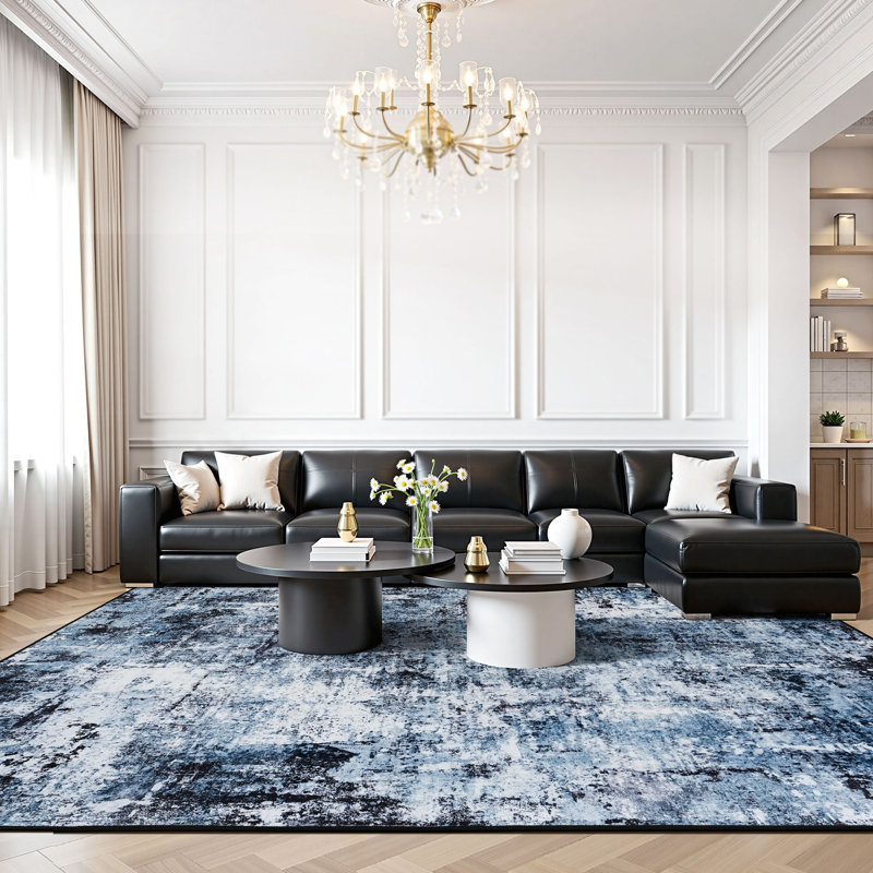 Tapis bleu foncé 9 pi x 12 pi à motif abstrait moderne lavable, Deep Navy & Distressed ivory, Rectangle 9 pi x 12 pi