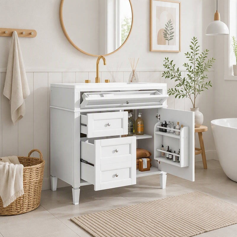 Meuble-lavabo de 91 cm (36 po) avec lavabo en céramique, meuble autoportant avec 2 tiroirs et un tiroir basculant, structure en bois massif et MDF, style rétro, bleu