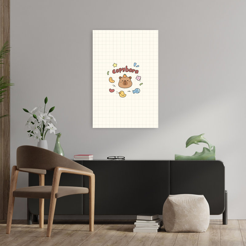 Cute Capybara Friends Playful Whimsical Abstract Duck Fish Animal Flower Wall Art Print 1 Piece Wrapped Canvas Wall Art