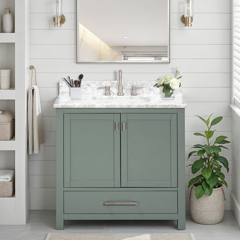 Modero 36" Single Bathroom Vanity with Top, Carrera White Marble, Brushed Nickel, Smoke Green