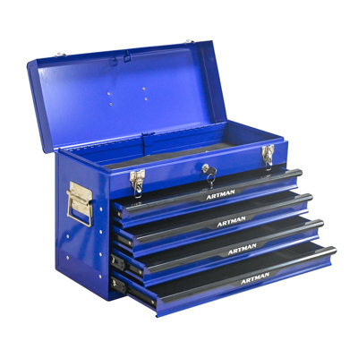 Boîte à outils portative en acier 20 pouces avec tiroirs - Organisateur de rangement robuste en métal avec fermeture verrouillable et glissières à roulement à billes, bleu