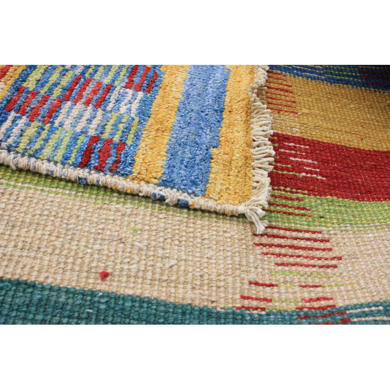 Tapis unique en laine noué à la main bleu / jaune / rose des années 2010 de 6 pi 2 po x 9 pi Charing