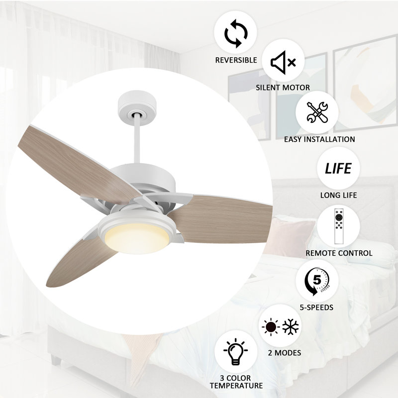 Ventilateur de plafond Doniyor 52, Bois clair, Blanc