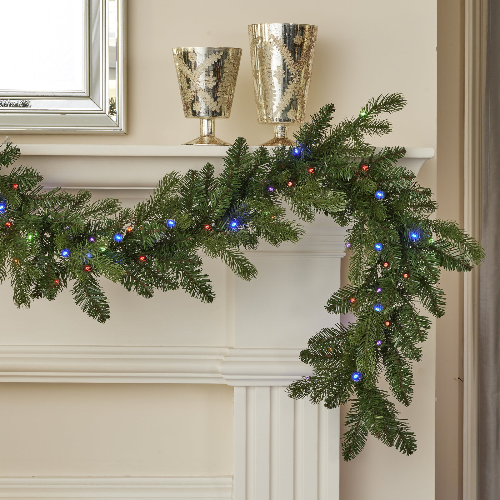 Dakota Pine 6ft Artificial Christmas Garland, Pre-lit  50  Dual LEDs Lights w/ 9 Functions (Battery-Operated)