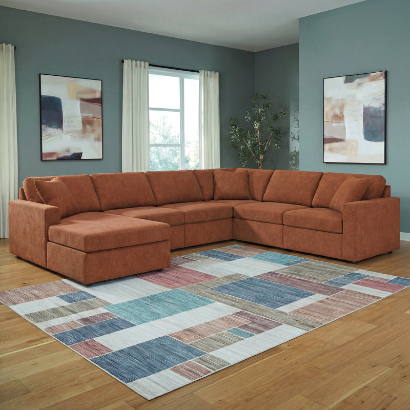 Canapé modulaire 6 pièces avec méridienne Chobanyan, Brown Polyester, Face à la gauche, H 36 po x l 140 po x P 107 po