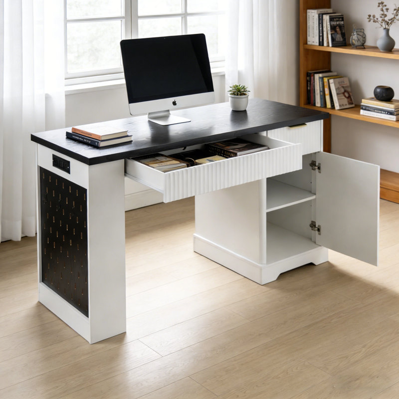 Modern 55" Fluted Writing Desk With Storage Cabinet, Drawers, Power Outlet And Built-In Shelves, Black/White