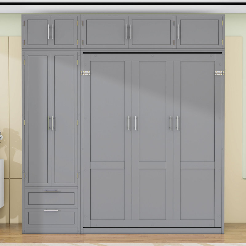 Grand lit escamotable mural 2 tiroirs avec armoires, tablettes et garde-robe, conception pliable, Gris