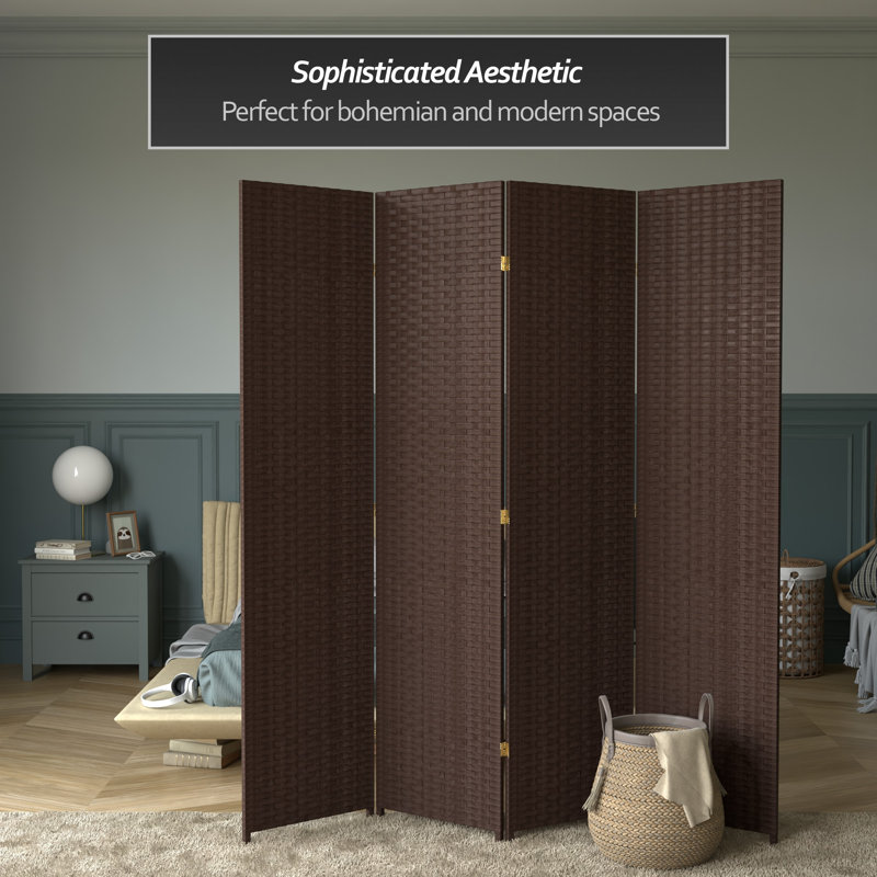 Amitis 7 Ft. Tall Woven Fiber Folding Room Divider, Dark Mocha, 4, 84'' H x 78'' W x 1'' D