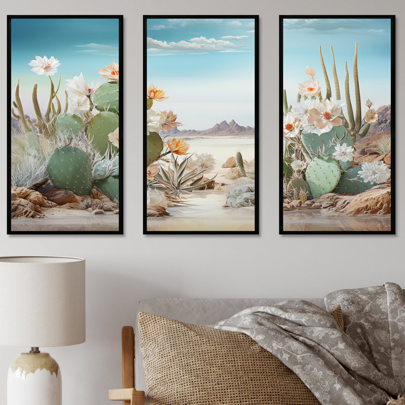 Collage cactus sur la plage - ensemble de décoration murale cactus floral, Cadre flottant noir, H 32 po x l 48 po x P 1 po