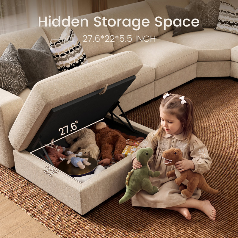Canapé d'angle moderne en forme de L avec pouf de rangement, Beige Chenille