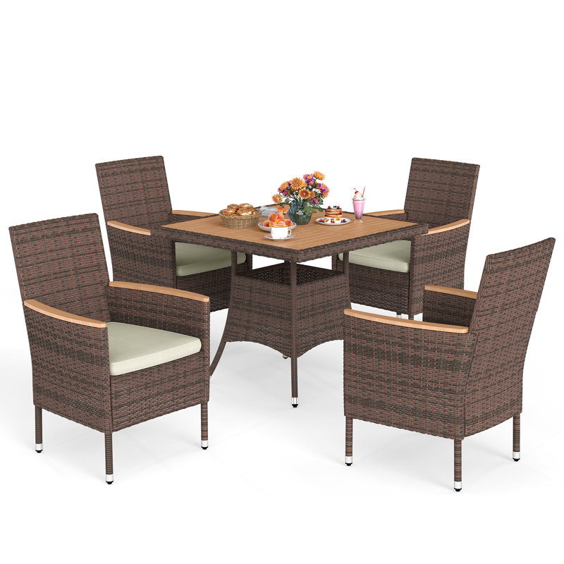 Ensemble repas extérieur pour 4 personnes avec coussins, Brun