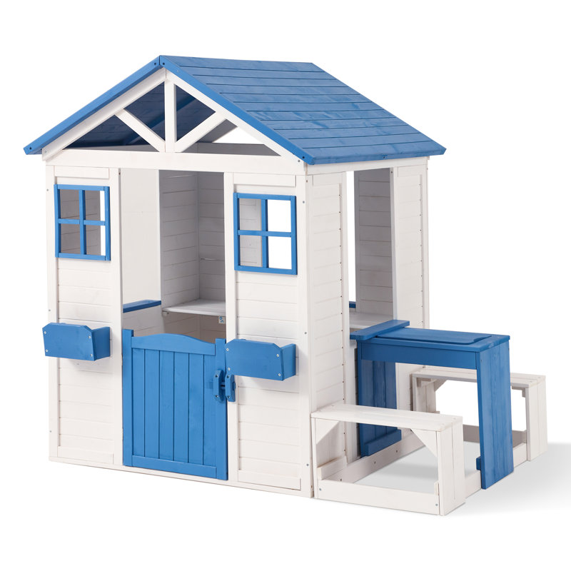 KizzParnrr Wooden Outdoor Kids Playhouse with Sand Water Table Chair Set, Play Kitchen, Half Door Windows, and Toys PlaySet for Backyard Play