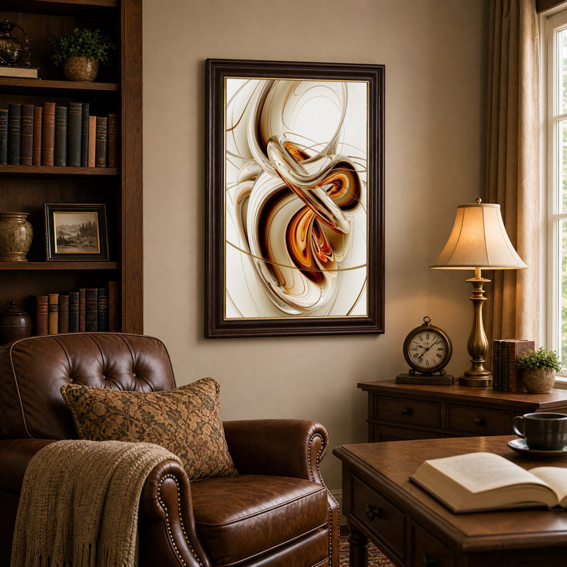Toile murale aux formes abstraites tourbillonnantes en bronze et or, H 24 po x l 16 po