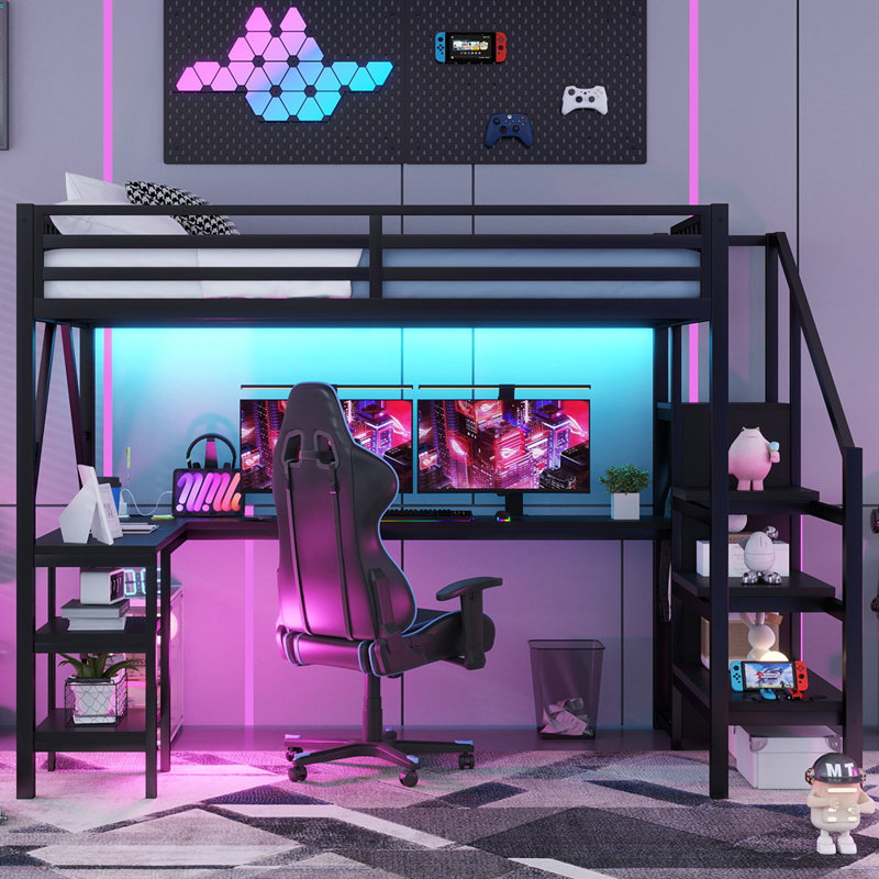 Lit mezzanine double avec bureau en L et port USB, Full, Black