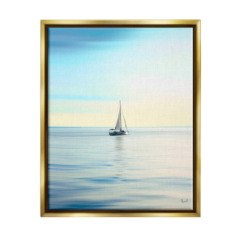 Voilier bleu ensoleillé, Cadre flottant métallique doré, H 21 po x l 17 po x P 1,7 po