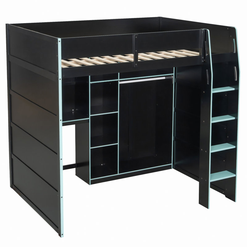 Lit mezzanine en bois avec bureau, garde-robe ouverte, compartiments de rangement et lumières RVB, Noir / Bleu
