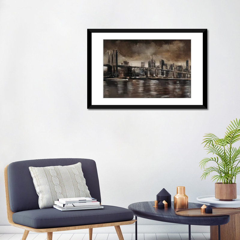 NY NY Brooklyn Bridge, impression sur toile, H 16 po x l 24 po x P 1 po, Papier d'art encadré noir, Blanc