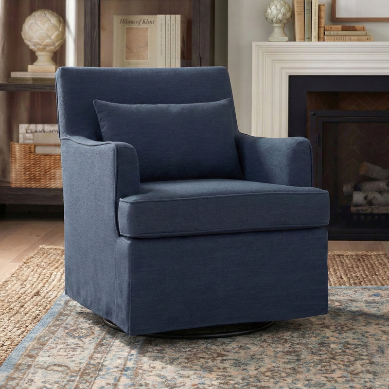 Jaxon 28.5"W Farmhouse Slipcovered Farmhouse Slipcovered Swivel Rocking Chair with Pillow Back, Indigo