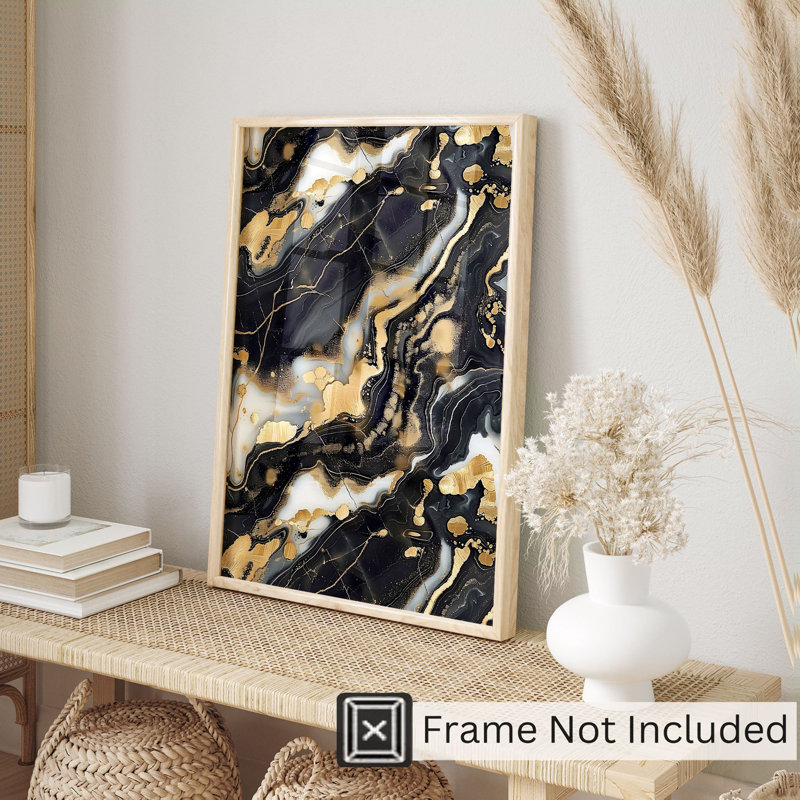 Abstrait noir et doré Geode V, reproduction d'art moderne sans cadre, H 36 po x l 24 po