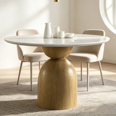 Table de salle à manger ronde de luxe de 122 cm (48 po) en pierre frittée légère avec pied central à l'aspect bois – Plateau fixe texturé pierre naturelle, robuste et durable, pièce maîtresse de la salle à manger, polyvalente pour tout style d'intérieur