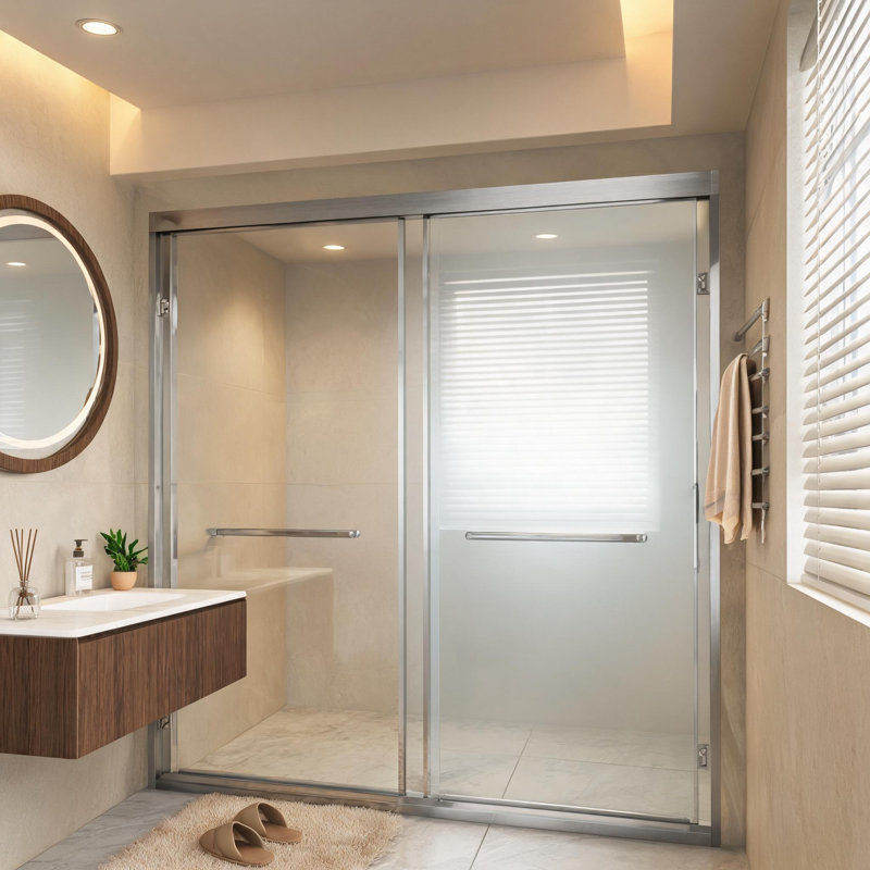 Porte de douche coulissante double en verre trempé nickel brossé avec pellicule anti-explosion, cadre en aluminium et poignée en acier inoxydable.