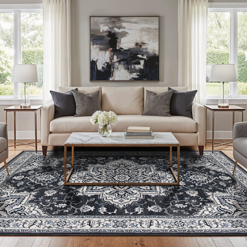 Ames Oriental Floral Charcoal Grey Performance Area Rug, Rectangle 3'11" x 5'3"