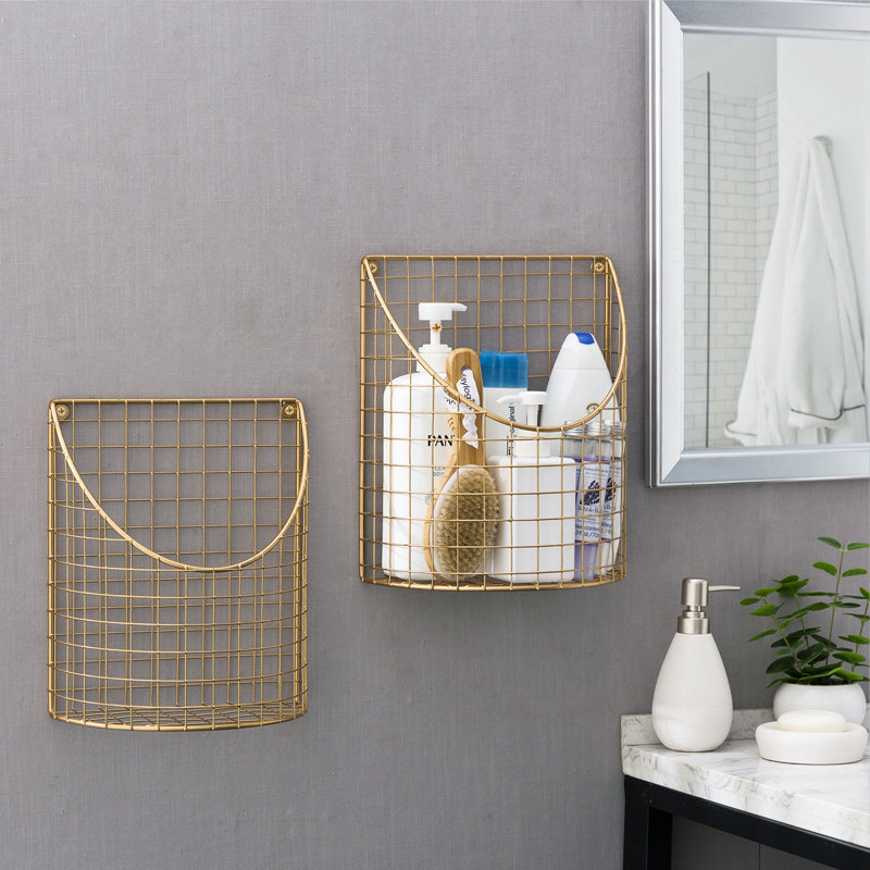 Metal 2 Piece Decorative Basket Set, Brass