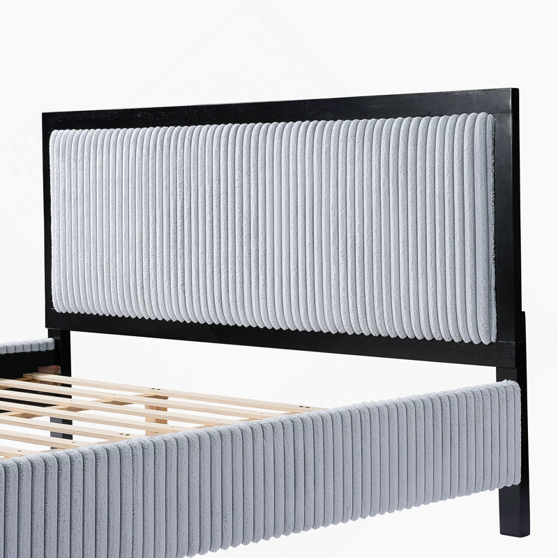 Grand lit tapissier avec tête de lit moelleuse, cadre gris et noir, Grand lit