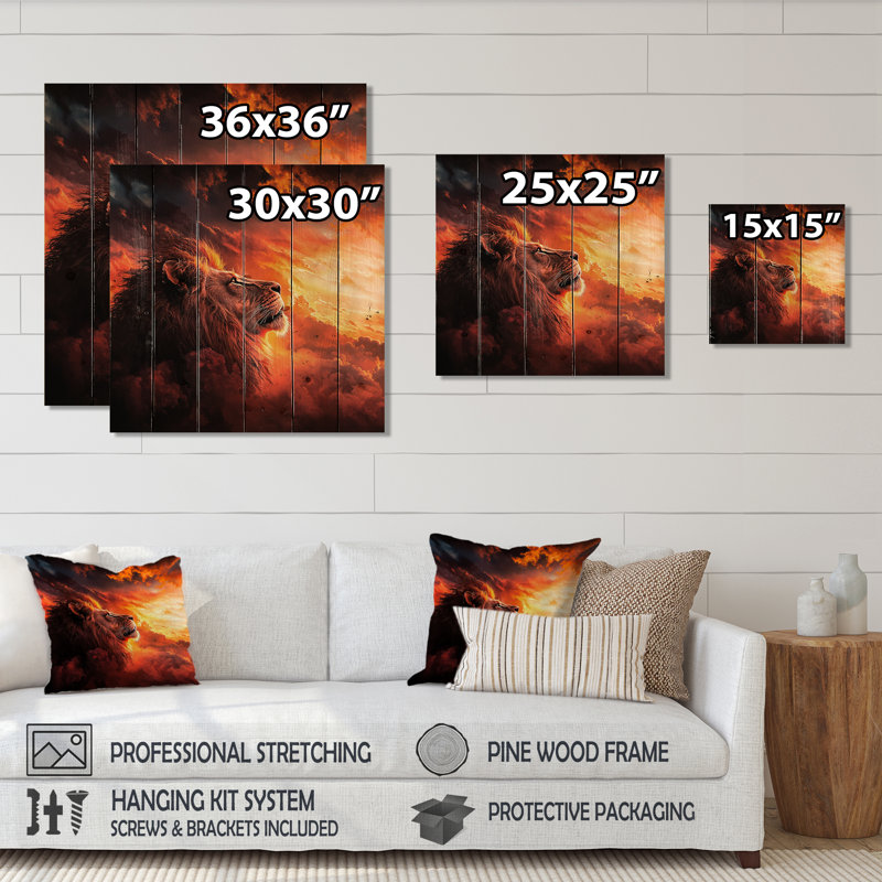 Roaring Lion Courage I - Art mural moderne sur bois de pin naturel, H 15 po x l 15 po
