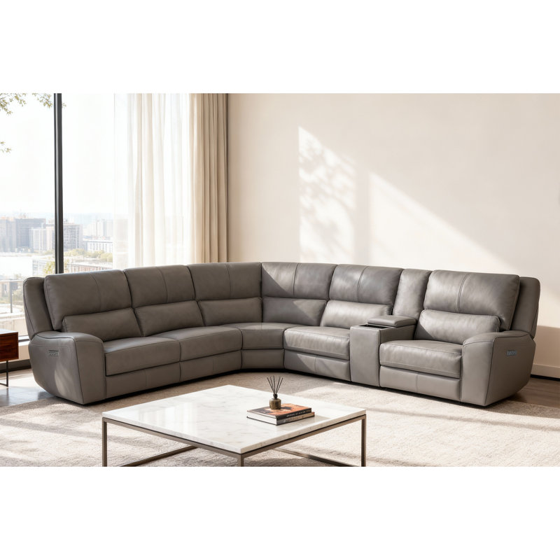Canapé modulaire inclinable en cuir fleur avec chargeur sans fil, sans gravité, appui-tête réglable et soutien lombaire, Gris