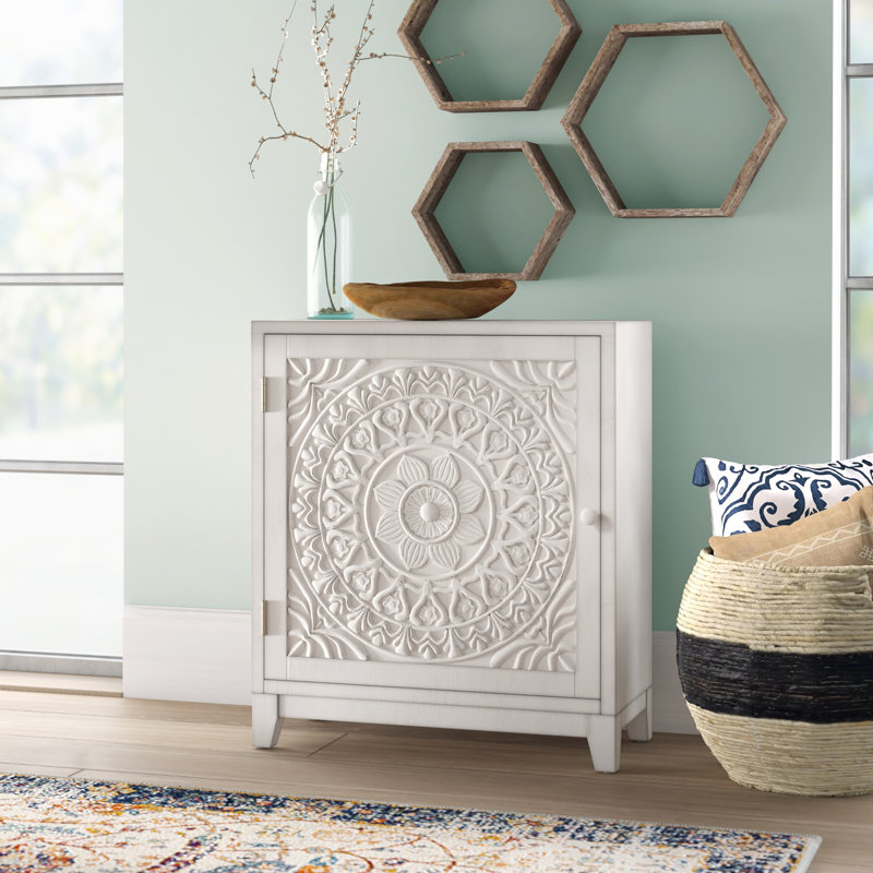 Dix Solid Wood Carved Detail Accent Cabinet, Cream
