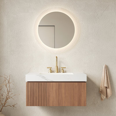 Meuble-lavabo flottant 36 po, armoire de rangement en contreplaqué avec tiroir et porte, plateau en pierre frittée blanche, lavabo en céramique 3 trous pré-percés, chêne brun, assemblé