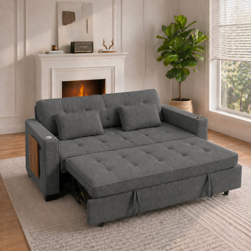 73" Convertible Sleeper Sofa Bed with Pull-Out Bed, Foldable Side Table, USB Ports & Cup Holders, Small Space Multifunction Sleeper Sectional Sofa, Modern Chenille  Upholstered Couch for Living Room, Apartment, Small Space