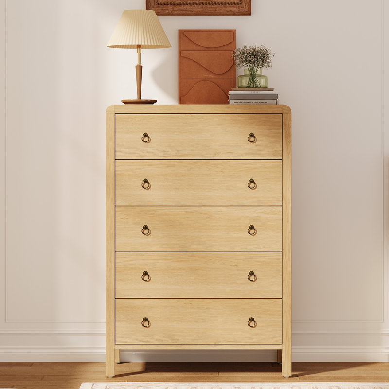 Armoire à 5 tiroirs de style Mid-Century avec poignées anneaux en métal, une unité de rangement remarquable pour le salon, la chambre à coucher ou le vestibule
