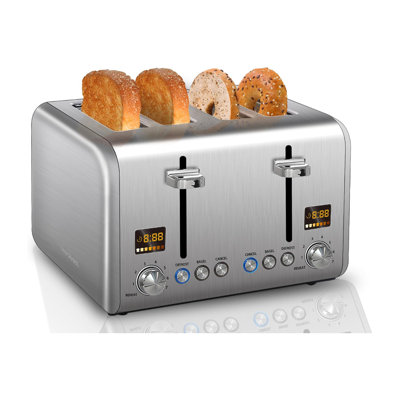 Seedeem 4 Slice Stainless Toaster - Colour Lcd Display, 7 Shade Settings, 1.5'' Wide Slots With Bagel/defrost/reheat Functions, Removable Crumb Tray, Silver Metallic, 1800w