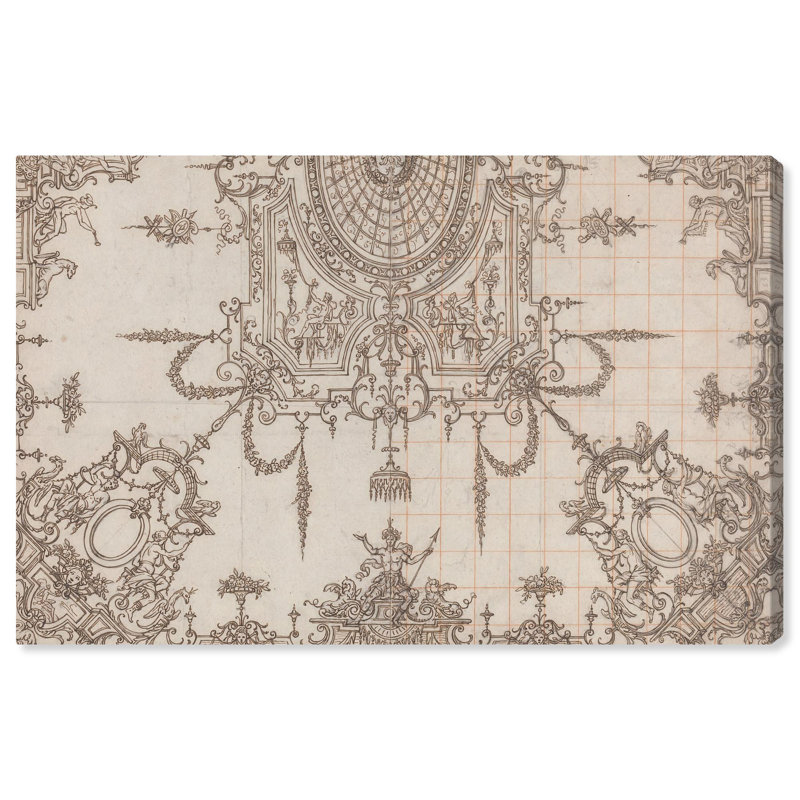 Vintage Beige and Brown Canvas Art with Trellises and Figures
