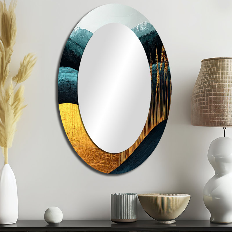 Quiet Bold Mountain In Emerald Gold Harmony IV - Gold Traditional Oval Wall Mirror, 36" x 24"