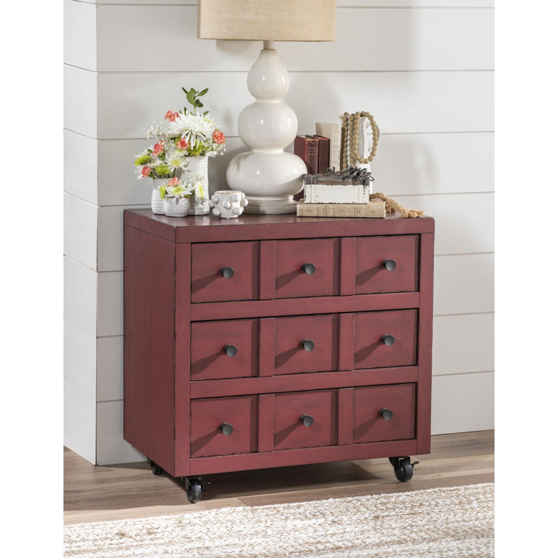 Country Living Vintage Market Apothecary Chest Nightstand with Drawers, Casters, and Power Outlets, Red