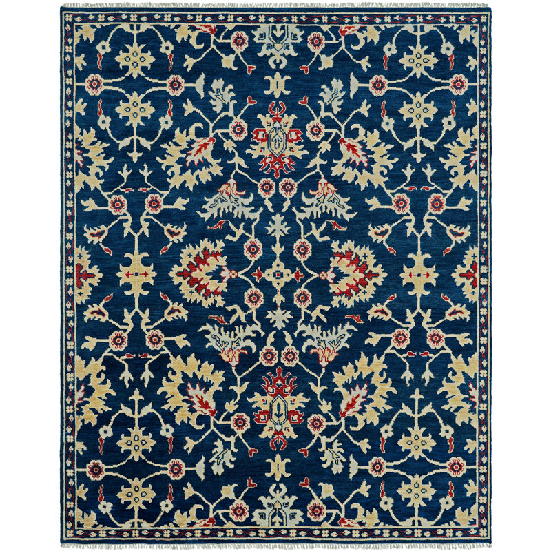 Sovereign Navy Ivory Floral Hand Knotted Wool Area Rug, Rectangle 2' x 3'