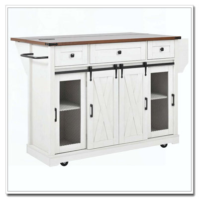 Îlot de cuisine 58 po avec rangement, porte de grange coulissante et porte latérale en métal 58 po, îlot de cuisine sur roulettes avec support à épices