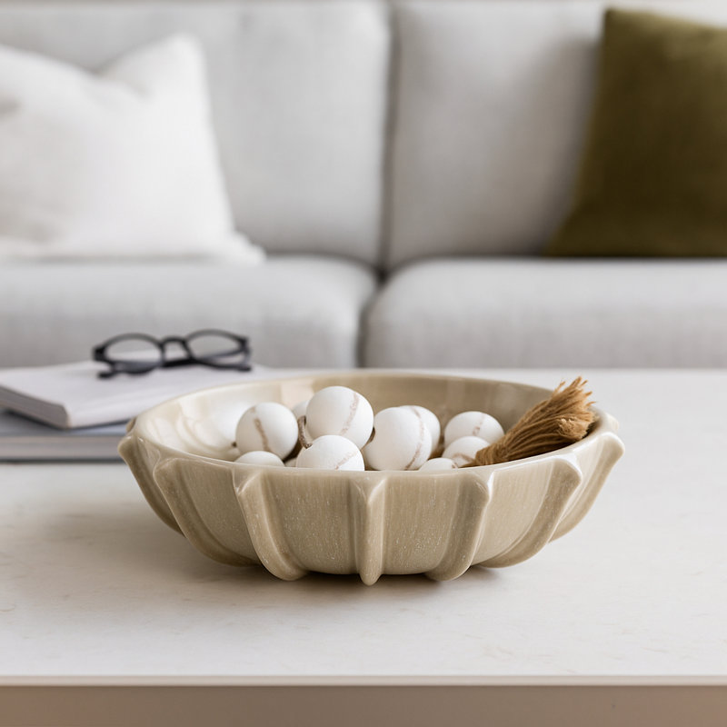 Bol rond rond avec rebord festonné - Décoration intérieure moderne pour table d'entrée, style tablette ou salon - 16 po, taupe