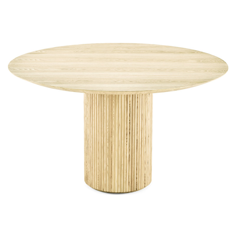 Table de salle à manger ronde en frêne naturel avec rebord biseauté, base cannelée, finition non-feu et au feu, dimensions 50,5 po, poids de 201,61 lb, plateau en placage de bois nécessaire d'assemblage, hauteur du revêtement, 29,58 po