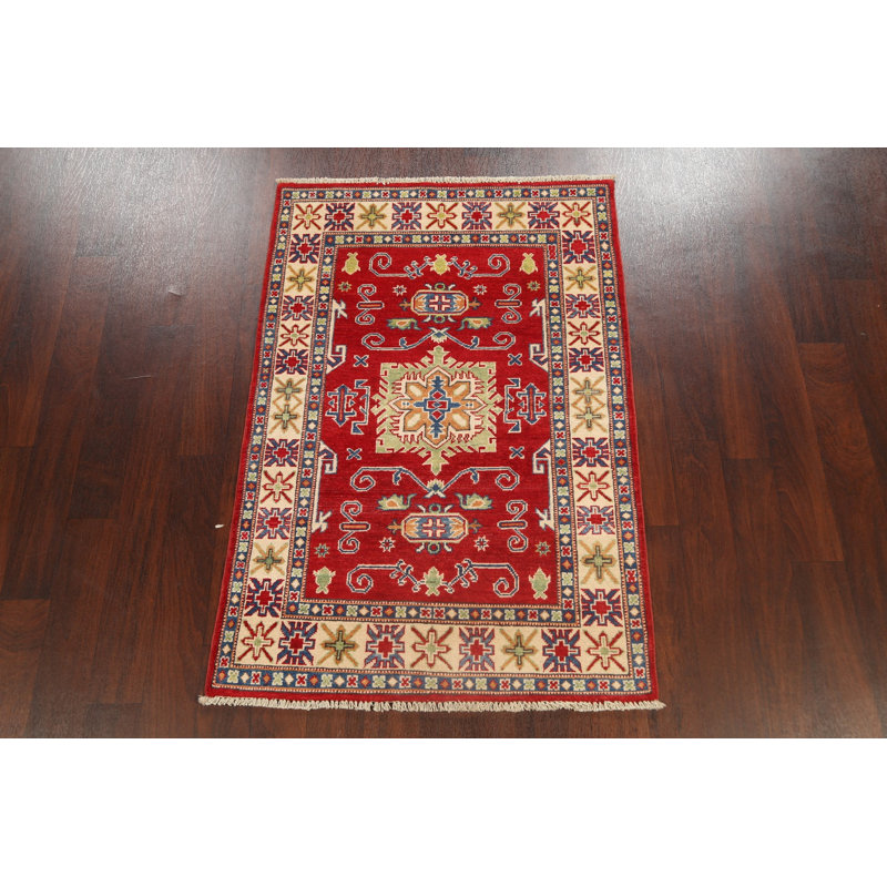 Tapis géométrique rouge / beige / bleu en laine noué à la main 3 pi 3 po x 4 pi 10 po
