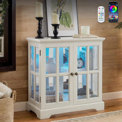 32" Glass Display Cabinet with Smartphone-Controlled LED Lights, Sideboard Buffet Credenza with Glass Doors & Adjustable Shelves, Small Storage Cabinet for Collectibles, Living Room, Apartment