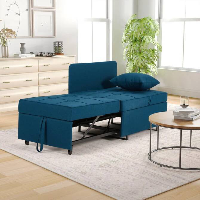 Canapé-lit 3 en 1 avec dossier réglable à 5 positions, conception pliable polyvalente, tissu en faux lin durable - parfait pour les petits espaces et les chambres d'amis, bleu marine
