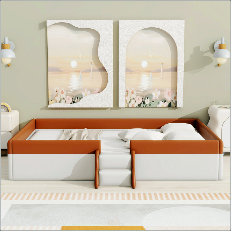 Queen Size Upholstered Daybed Frame With Fence And Stairs, Perfect For Comfort And Space-Saving In Modern Homes, Brown/White