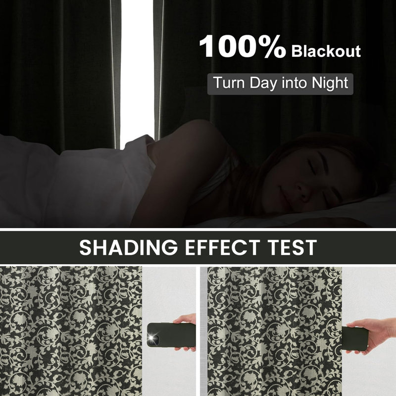 Fabdivine Black Handmade Heavy Linen Home Decorative Curtain 27x84 Inches, Floral 100% Blackout Block Print, Two-Side Panel Set with Pleated Pinch, Perfect for Living Room, Office, or Patio, Devdas