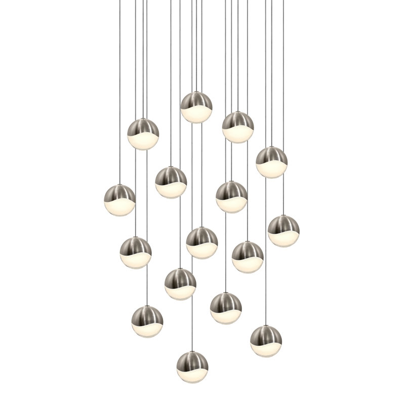 Satin Nickel Crystal 16-Light LED Cluster Square Pendant