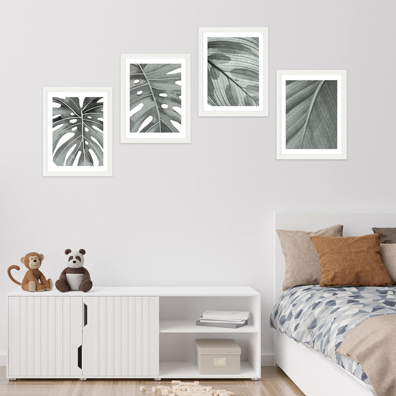 Ensemble de 4 feuilles de palmier noir et gris, impression murale encadrée sur papier, impression 4 pièces, Blanc